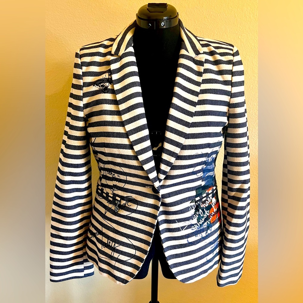 Desigual striped blazer with embroidered embellishments. Size 42 or US 10 or M.